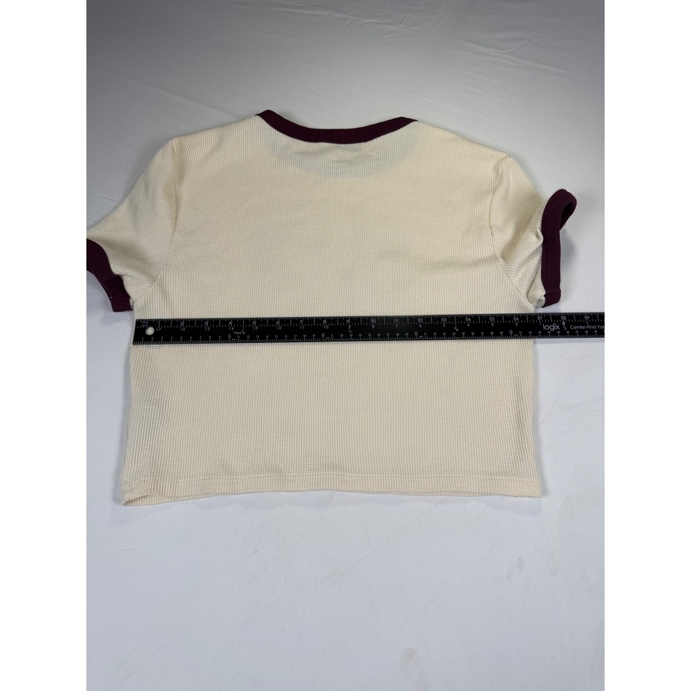 Primark Womens Waffle Knit Ringer T-Shirt Cream Burgundy 89 Graphic Crop Top L - Picture 4 of 4